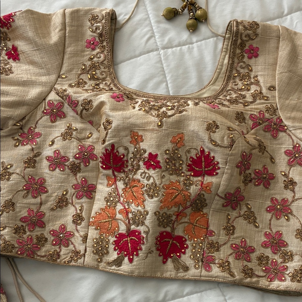 Lehenga Beautiful two piece cream with gold, teal, and pink with Dupatta. - Picture 3 of 7